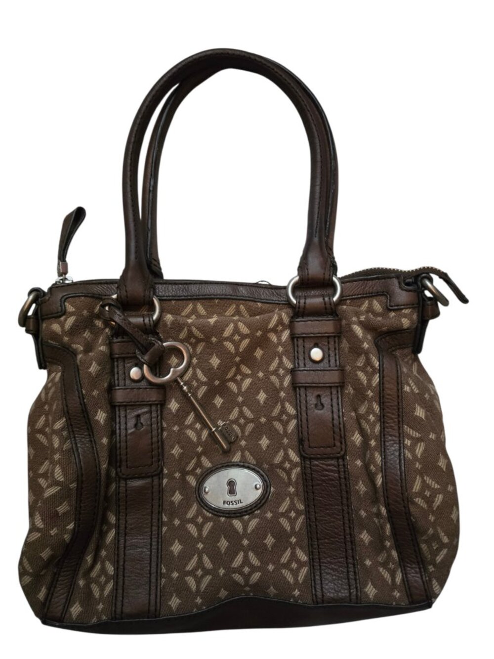 Vtg Fossil Maddox Canvas Satchel Brown Medium Bag w/Leather Trim